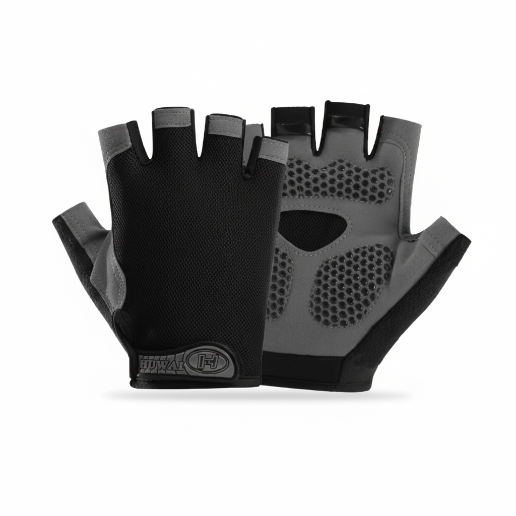 Black half-finger gym workout gloves with grip padding