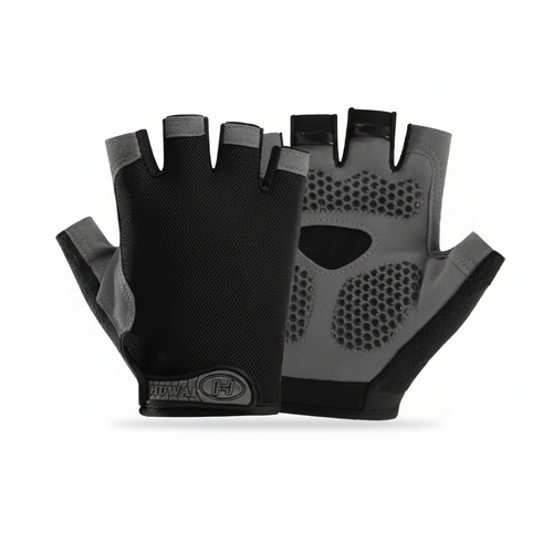 Black half-finger gym workout gloves with grip padding